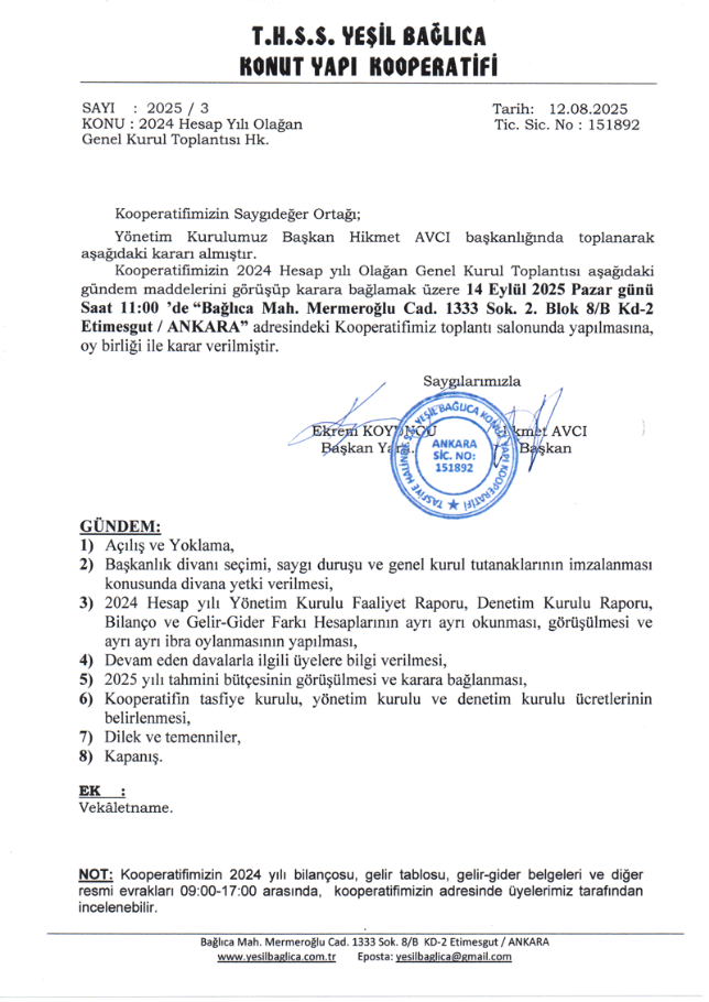 21.09.2025 Olağan Genel Kurul Çağrı yazısı