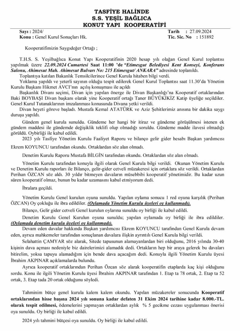 22.09.2024 tarihli Olağan Genel Kurul Sonuç bildirimi