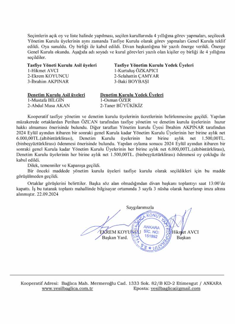 22.09.2024 tarihli Olağan Genel Kurul Sonuç bildirimi